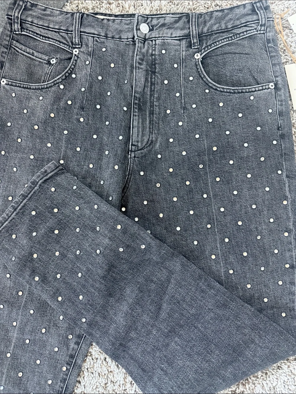 Anthropologie Charcoal Stud-Embellished Straight-Leg Jeans